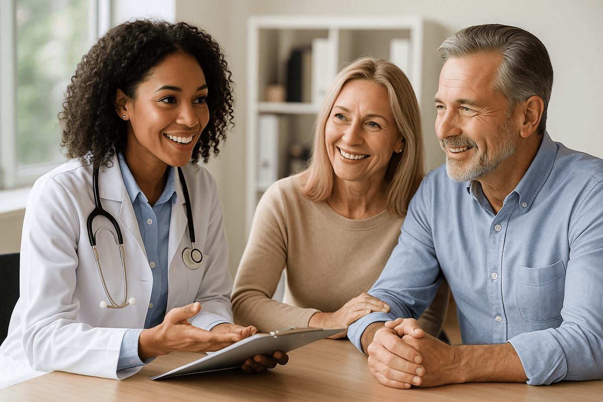 Healthcare professional consulting with senior couple about Medicare options